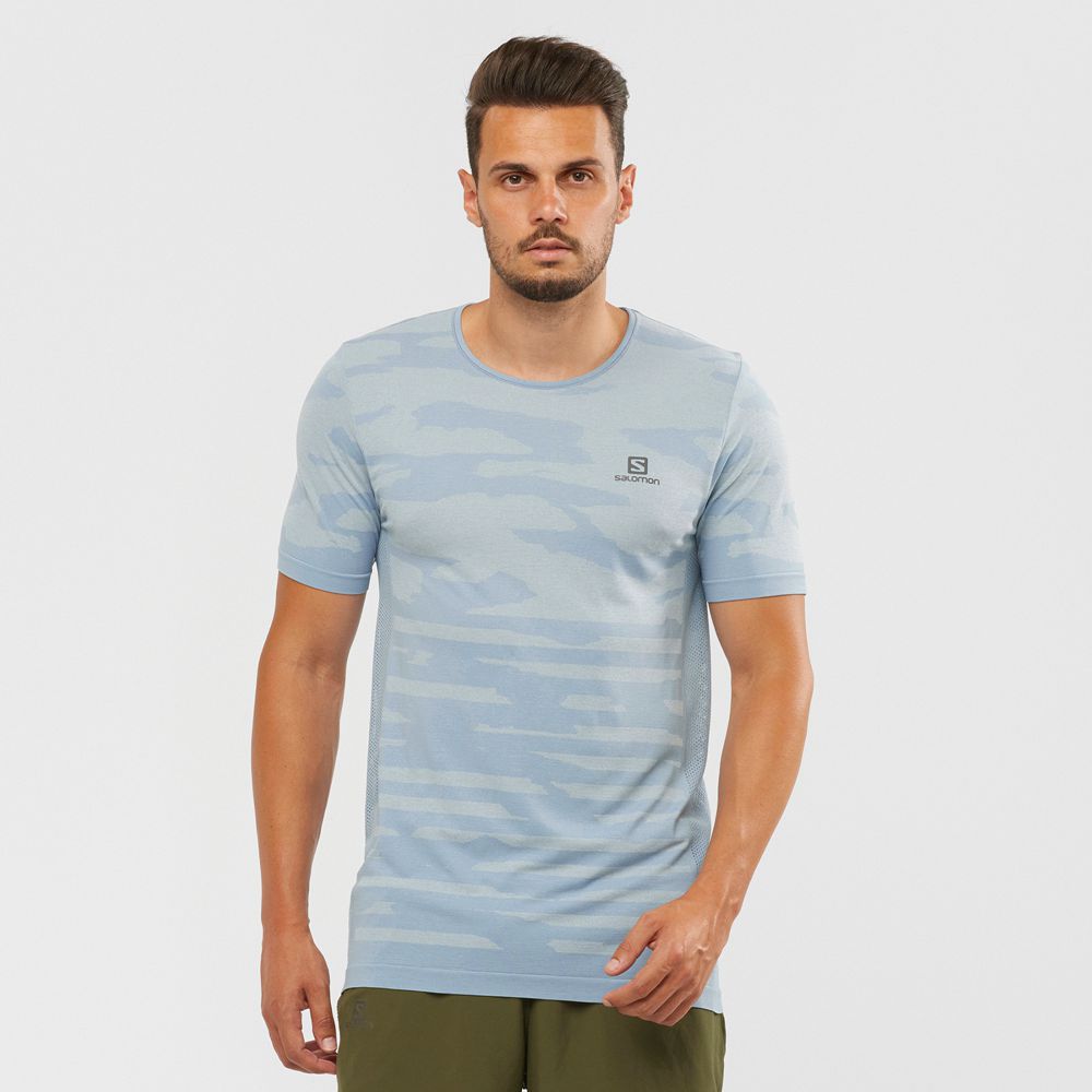 Salomon Singapore Mens T-shirts - XA CAMO TEE Ashley Blue | 24093-DMQA